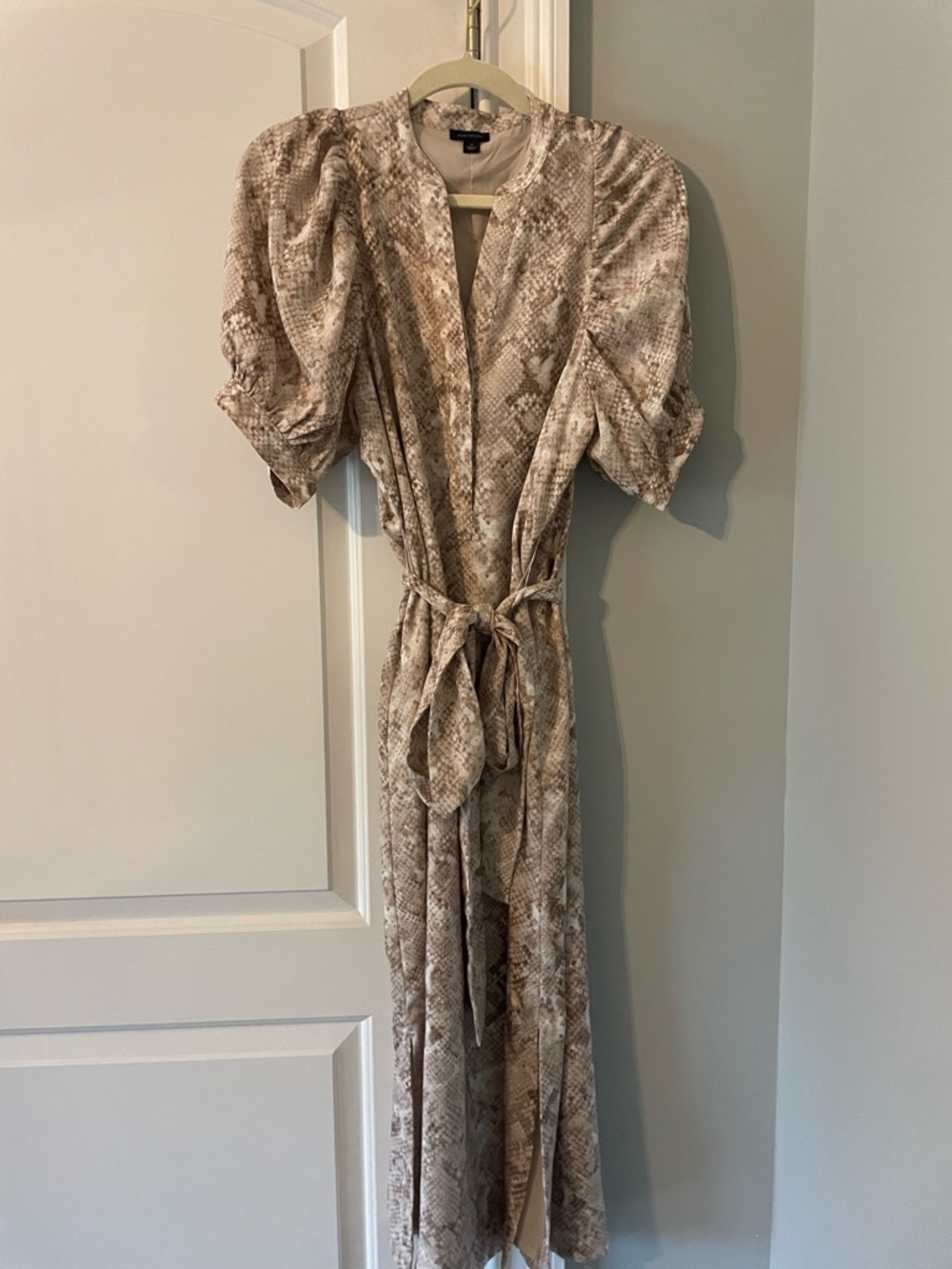 Ann Taylor Beige Snake-Print Maxi Dress with Puff Sleeves